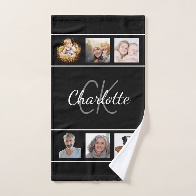 Black white monogram script photo collage hand towel  (Hand Towel)