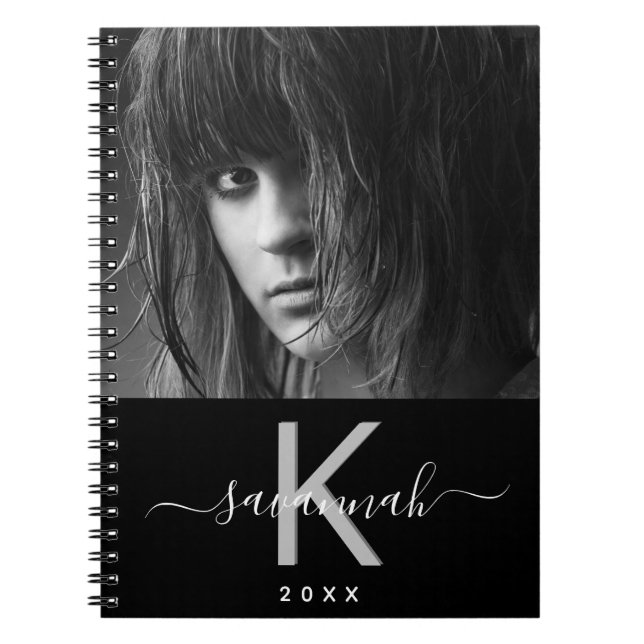 Black white monogram script photo notebook (Front)