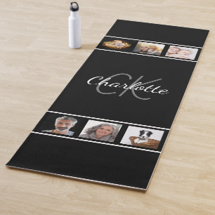 Black white monogram script photo yoga mat