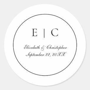 Black White Monogram Script Traditional Wedding Classic Round Sticker