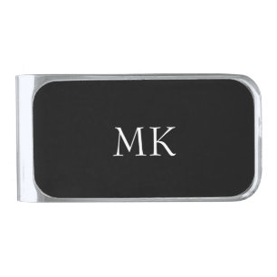 Black White Monogram Silver Finish Money Clip