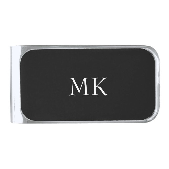 Black White Monogram  Silver Finish Money Clip (Front)