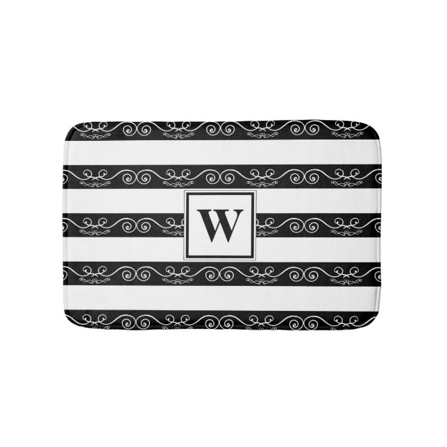 Black White Monogram striped design Bath Mat (Front)