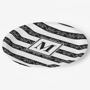 Black White Monogram striped design Paper Plates