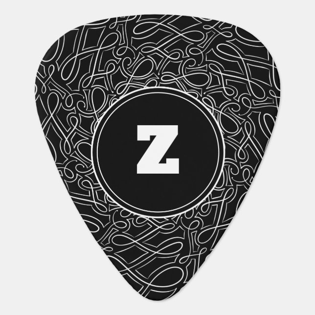 Black & White Monogram Swirl Pattern Initial Guitar Pick (Front)