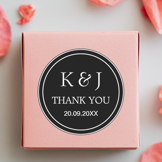 Black & White Monogram Thank You Wedding Favor Classic Round Sticker (Creator Uploaded)