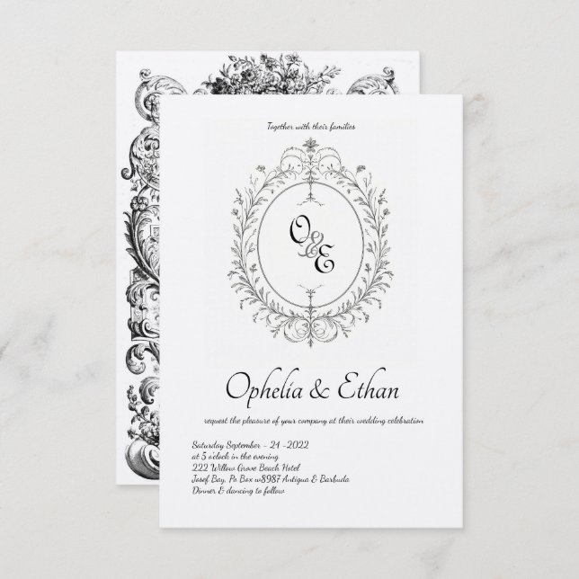 Black & white Monogram Victorian crest Invitation (Front/Back)