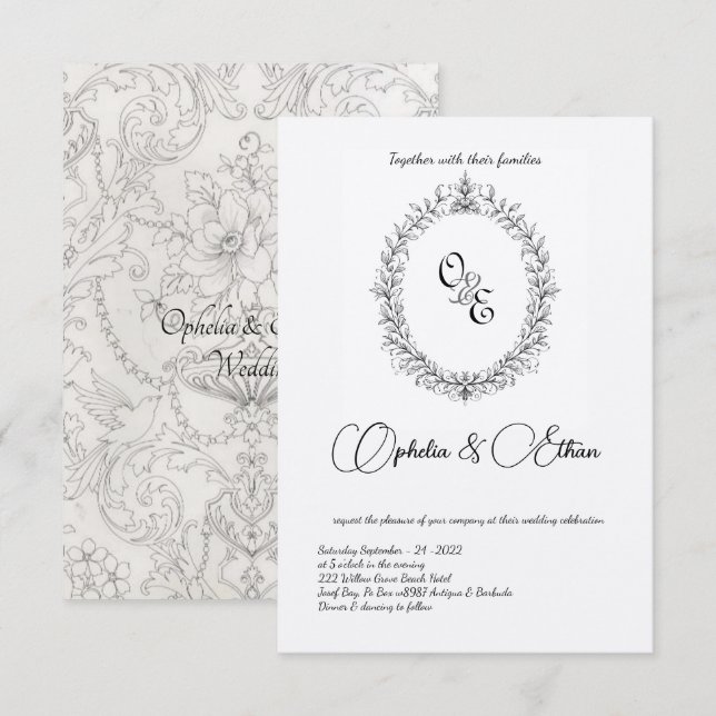 Black & white Monogram Victorian crest wedding Invitation (Front/Back)