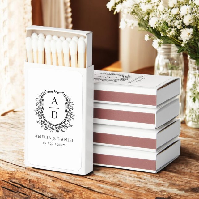 Black White Monogram Wedding Floral Crest Matchboxes (Creator Uploaded)
