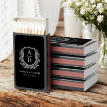 Black White Monogram Wedding Floral Crest Matchboxes
