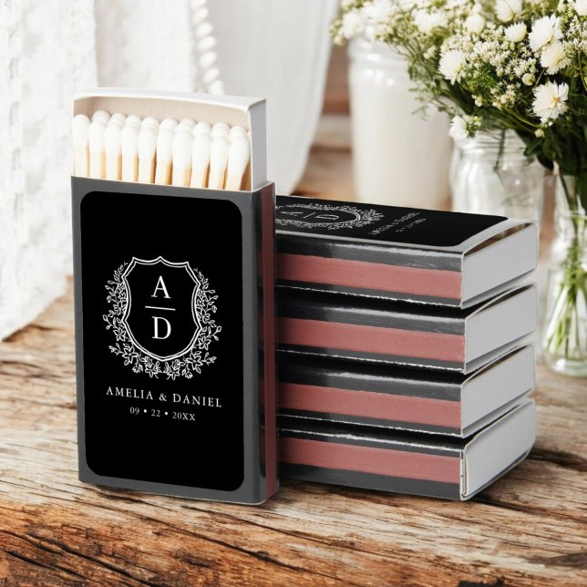 Black White Monogram Wedding Floral Crest Matchboxes (Creator Uploaded)