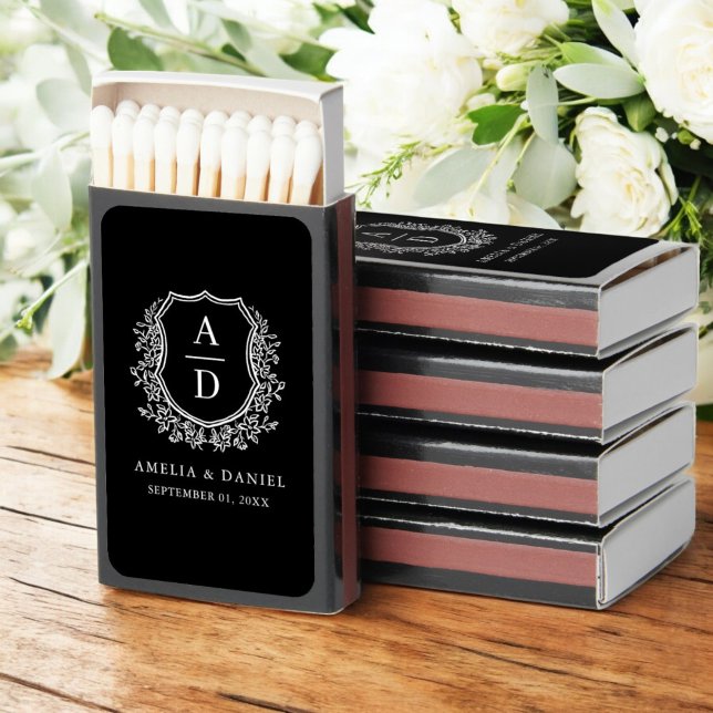 Black White Monogram Wedding Floral Crest Matchboxes (Creator Uploaded)