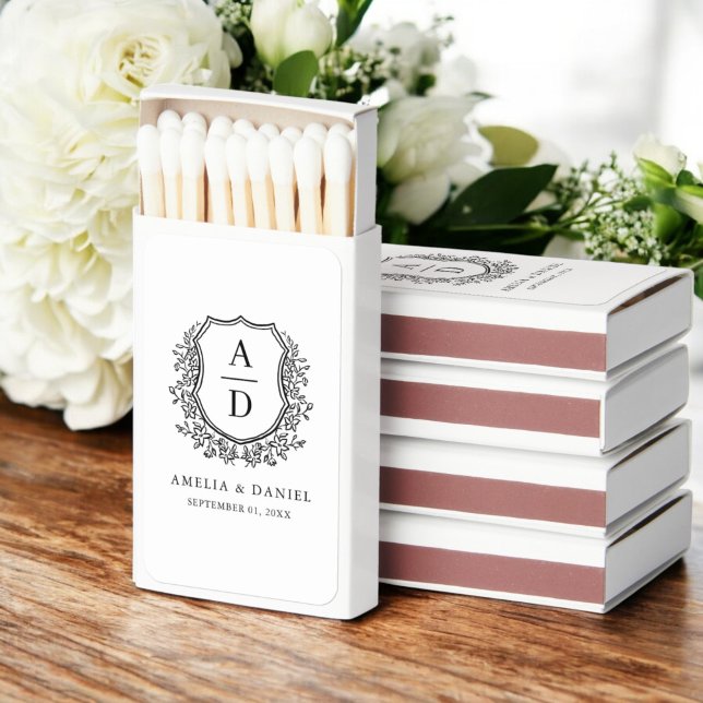 Black White Monogram Wedding Floral Crest Matchboxes (Creator Uploaded)
