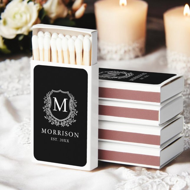 Black White Monogram Wedding Floral Crest Matchboxes (Creator Uploaded)