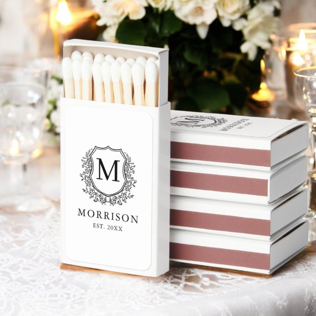 Black White Monogram Wedding Floral Crest Matchboxes (Creator Uploaded)