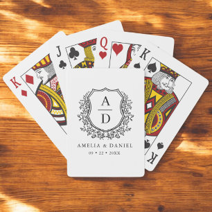 Black White Monogram Wedding Floral Crest Poker Cards