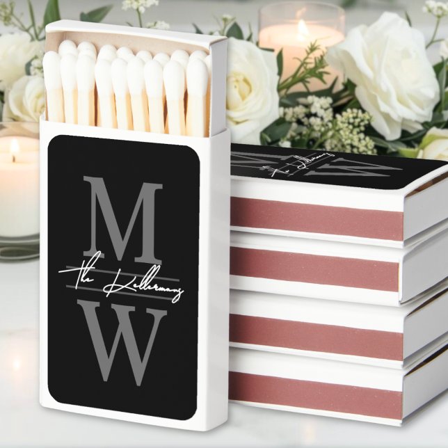 Black White Monogram Wedding Matchboxes (Black White Monogram Wedding Matchboxes)