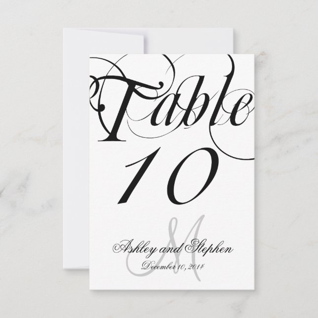 Black White Monogram Wedding Table Number Card (Front)