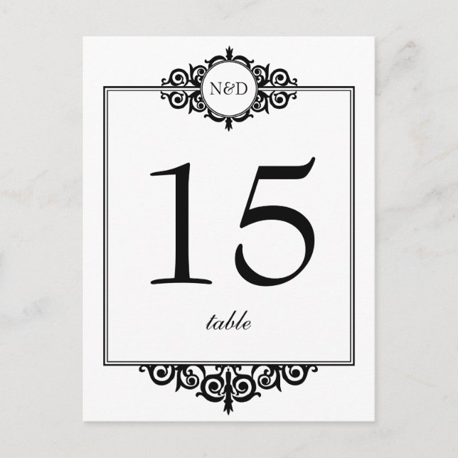 Black white monogram wedding table number card (Front)