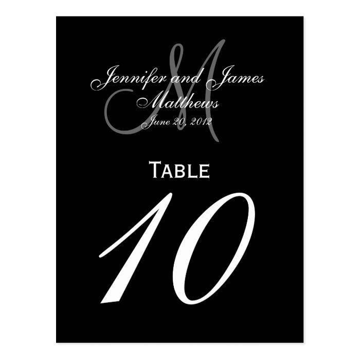 Black White Monogram Wedding Table Number Cards Postcards