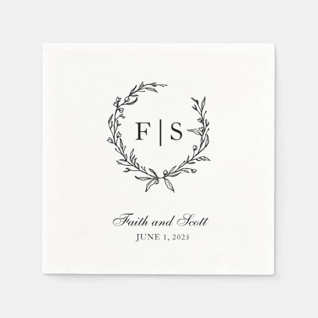Black & White Monogram Wreath Disposable Napkins (Front)