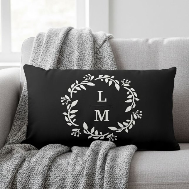 Black & White Monogram Wreath Lumbar Pillow (Creator Uploaded)