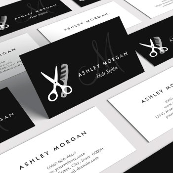 Black White Monogrammed - Hair Salon Hairstylist Business Card by CardHunter at Zazzle