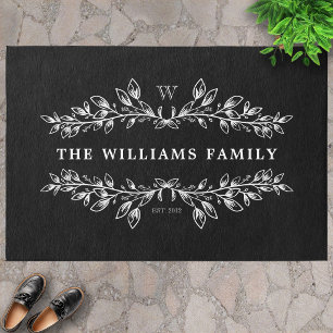 Black White Monogrammed Hand-Drawn Half Wreath Rug