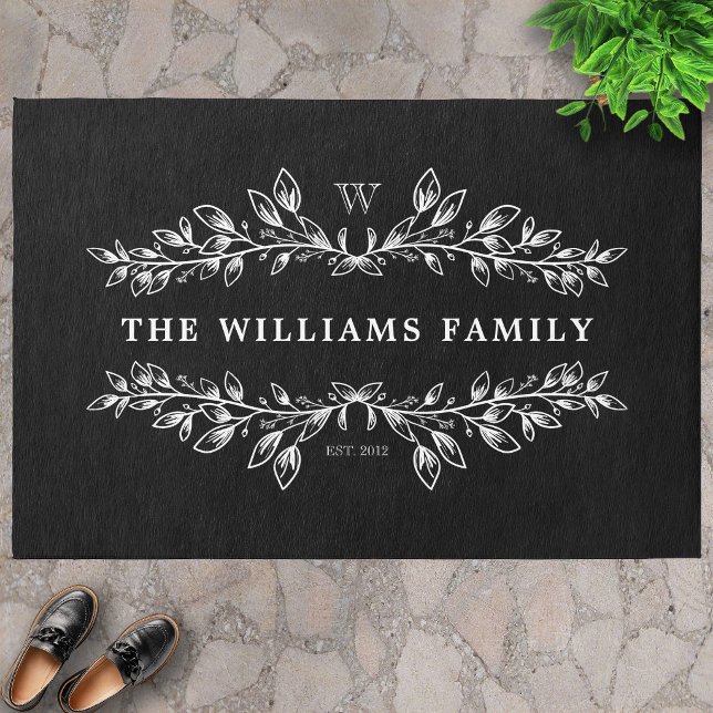 Black White Monogrammed Hand-Drawn Half Wreath Rug (Creator Uploaded)