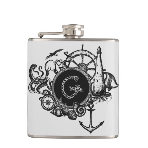 Black  White Monogrammed Nautical Theme Flask