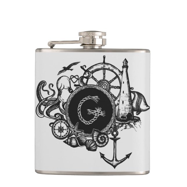 Black & White Monogrammed Nautical Theme Flask (Front)