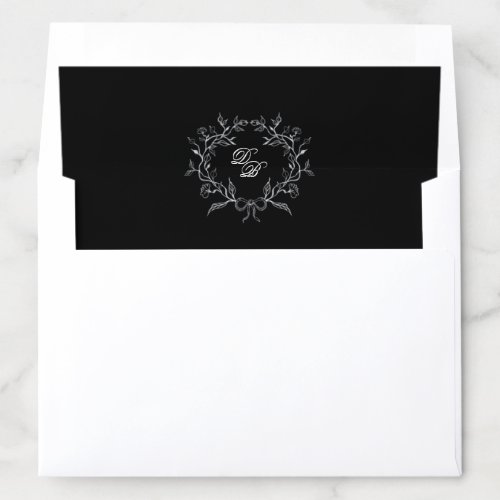 Black  white monogrammed wreath wedding envelope liner