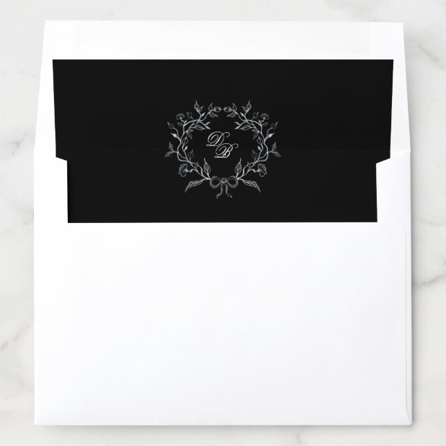 Black & white monogrammed wreath wedding envelope liner (In Envelope)