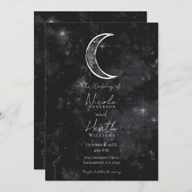 Black White Moon Celestial Night Starry Wedding   Invitation (Front/Back)