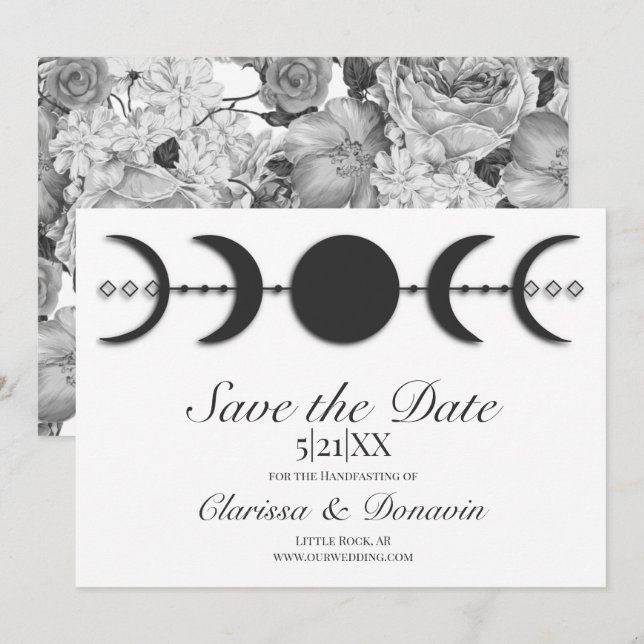 Black & White Moon Phase Wiccan Handfasting Save The Date (Front/Back)