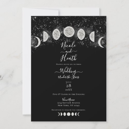 Black  White Moon Phases Under the Stars Wedding  Invitation