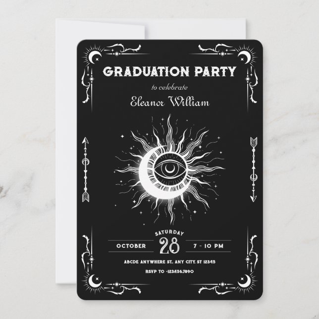 Black white moon sun tarot celestial graduation invitation (Front)