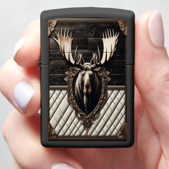 Black White Moose Leather Art Zippo Lighter (In Hand)