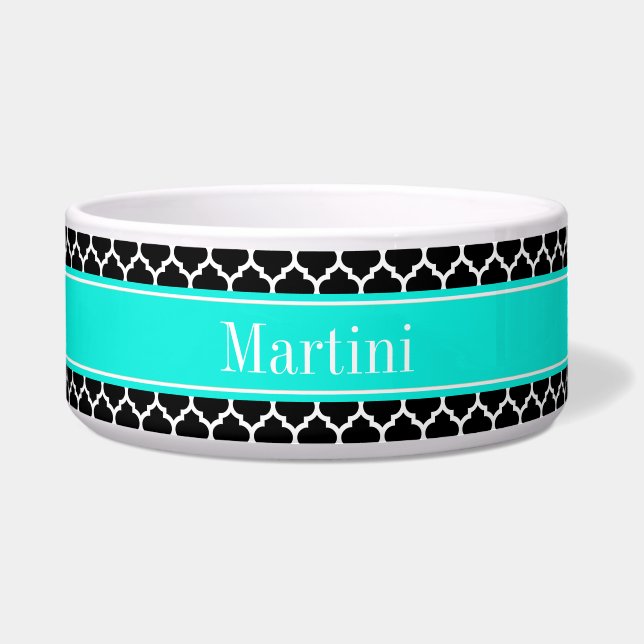 Black White Moroccan #5 Brt Aqua Name Monogram Bowl (Front)