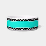 Black White Moroccan #5 Brt Aqua Name Monogram Bowl<br><div class="desc">Black and White Moroccan Quatrefoil Trellis Pattern #5, Bright Aqua Ribbon Name Monogram Label Customize this with your name, monogram or other text. You can also change the font, adjust the font size and font color, move the text, add additional text fields, etc Please note that this is a digitally...</div>