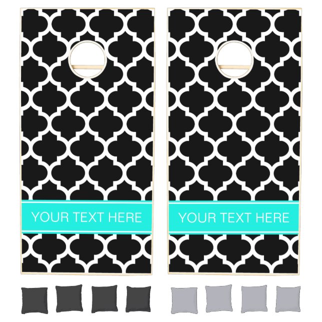 Black White Moroccan #5 Brt Aqua Name Monogram Cornhole Set (Set)