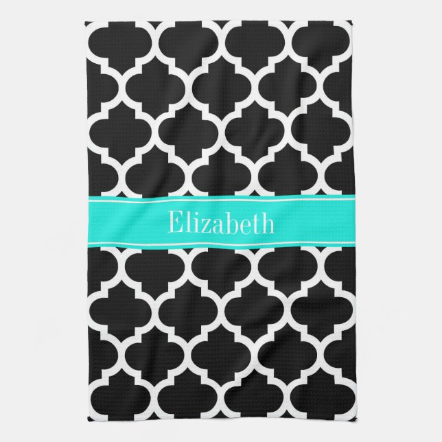 Black White Moroccan #5 Brt Aqua Name Monogram Kitchen Towel (Vertical)