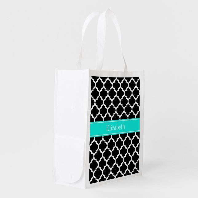 Black White Moroccan #5 Brt Aqua Name Monogram Reusable Grocery Bag (Front Side)