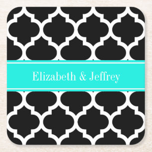 Black White Moroccan #5 Brt Aqua Name Monogram Square Paper Coaster