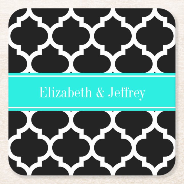 Black White Moroccan #5 Brt Aqua Name Monogram Square Paper Coaster (Front)