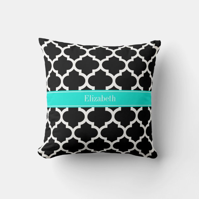 Black White Moroccan #5 Brt Aqua Name Monogram Throw Pillow (Front)