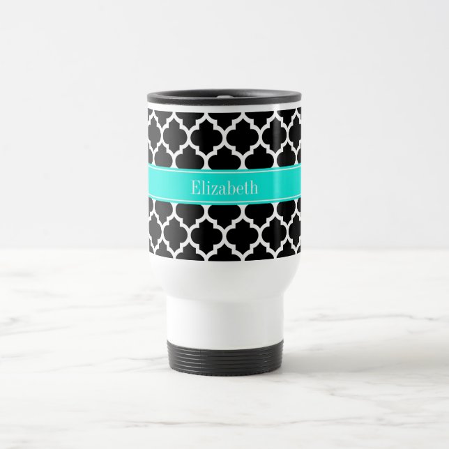 Black White Moroccan #5 Brt Aqua Name Monogram Travel Mug (Center)