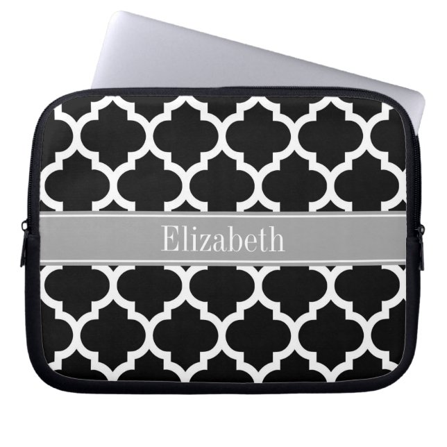 Black White Moroccan #5 Dark Gray Name Monogram Laptop Sleeve (Front)