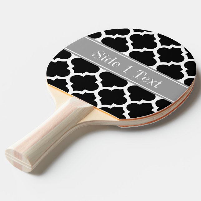 Black White Moroccan #5 Dark Gray Name Monogram Ping Pong Paddle (Front Angle)