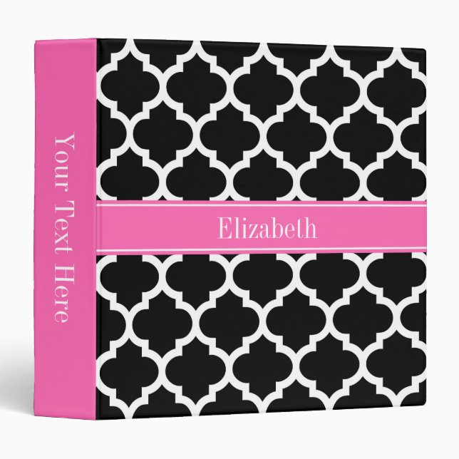 Black White Moroccan #5 Hot Pink #2 Name Monogram 3 Ring Binder (Front/Spine)